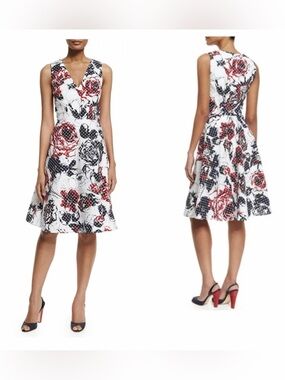 Carolina herrera dotted rose print sleeveless A line dress red navy white